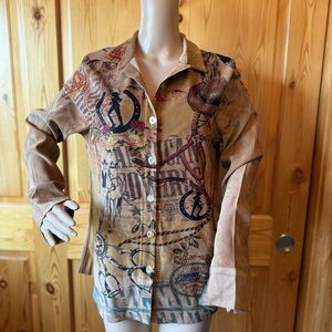Fantazia Vintage Funky Faux Suede Shirt Horse Cowgirl Western M Brown